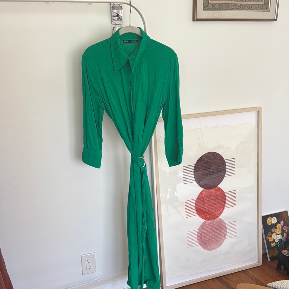 ZARA Green Button-Up Midi Dress